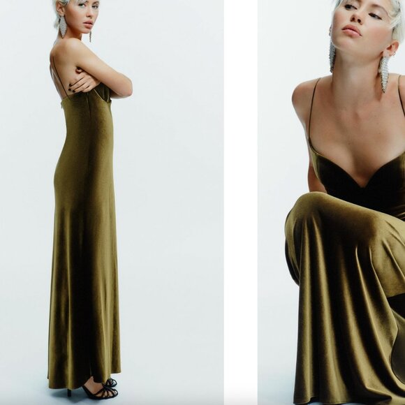 Olive Green Velvet Gown with Sweetheart Neckline - Picture 4 of 5